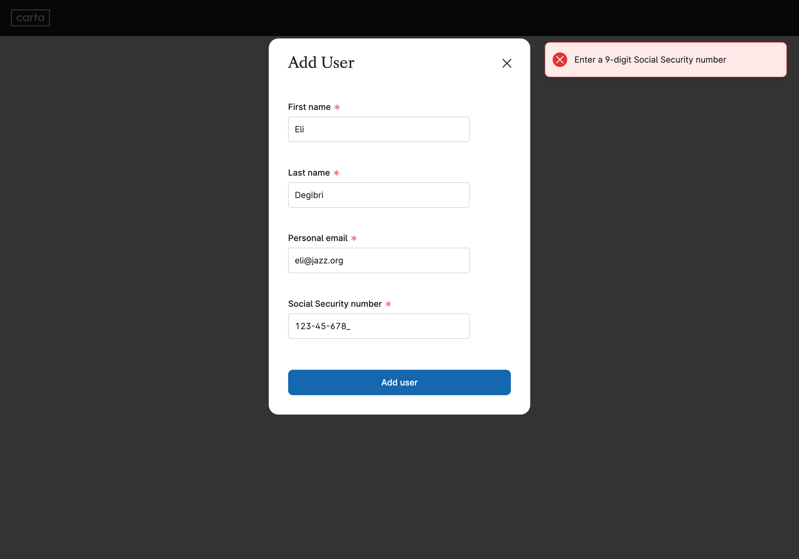 Error message related to a form field in a Modal is shown far away from its originating question, on an Alert at the top right corner of the screen.