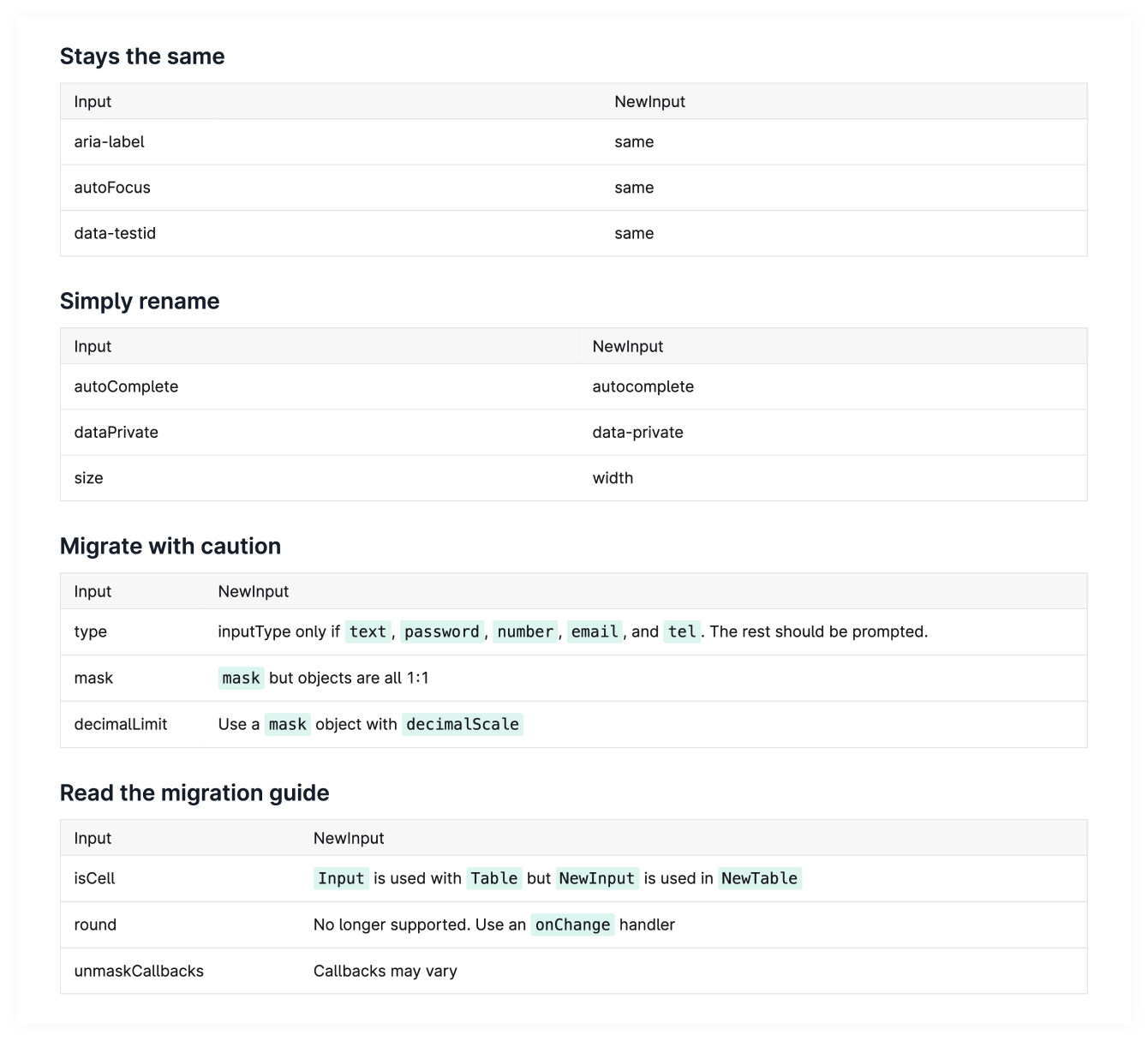 Grouped props in tables